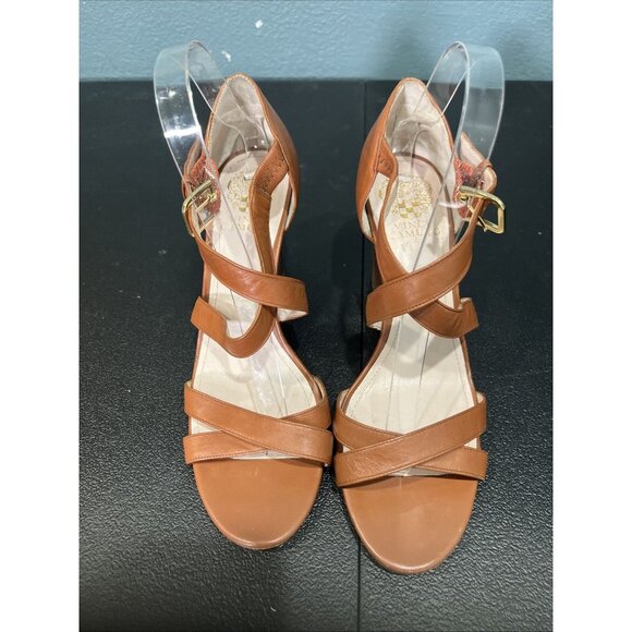 Vince Camuto Wedge Sandals Womens 8.5 Tan Leather Ankle Cross Strap 70s Resort - Picture 2 of 7